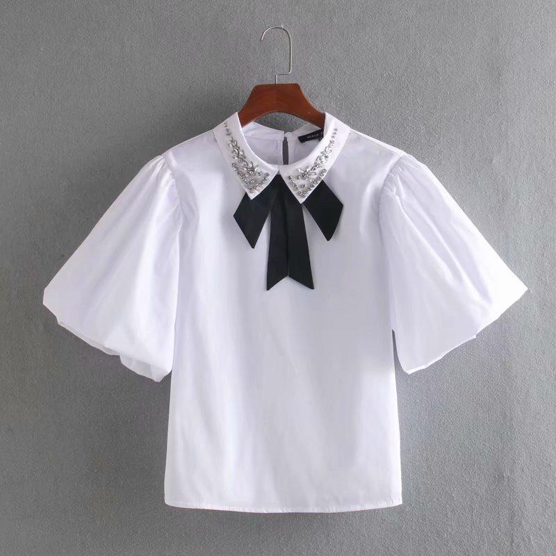 2020 spring women simply bow tied beading decoration poplin blouse shirts women chic lantern sleeve blusas chemise tops LS6480