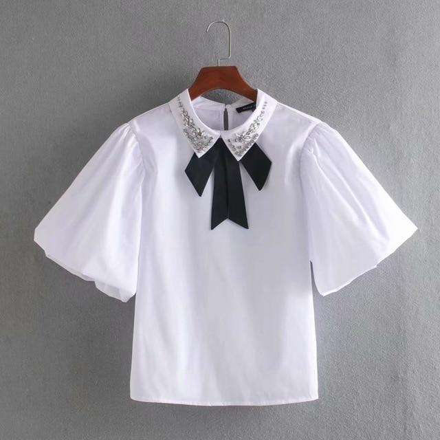 2020 spring women simply bow tied beading decoration poplin blouse shirts women chic lantern sleeve blusas chemise tops LS6480