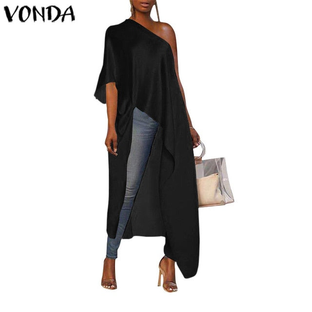 VONDA 2020 Summer Tunic Women Sexy Off One Shoulder Party Shirts Holiday Tops Plus Size Elegant Bohemian Blusas Femininas
