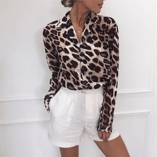 Chiffon Blouse Long Sleeve Sexy Leopard Print Blouse Turn Down Collar Lady Office Shirt Tunic Casual Loose Tops Plus Size Blusas