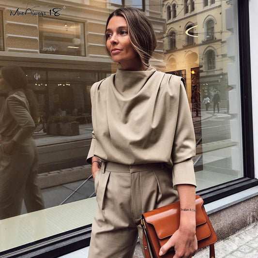 Mnealways18 Draped Solid Khaki Tops And Blouses Spring Elegant Office Blouse Women Ruched Work Top Long Sleeve Ladies Shirt 2020