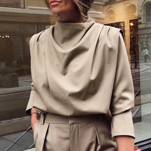 Mnealways18 Draped Solid Khaki Tops And Blouses Spring Elegant Office Blouse Women Ruched Work Top Long Sleeve Ladies Shirt 2020