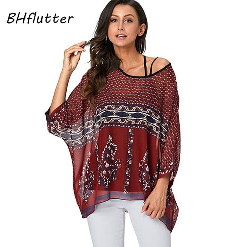BHflutter Women Blouses Plus Size 2019 New Style Batwing Casual Summer Blouse Shirt Woman Boho Chiffon Shirts Tops Chemise Femme