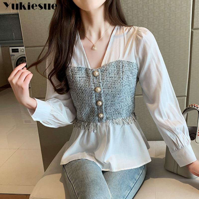 Plus size Solid White Long Sleeve Shirt Fashion Office Lady Tops Korean Style Women Spliced Chiffon Blouse V-neck Feminina shirt