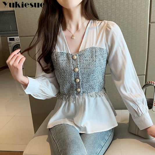 Plus size Solid White Long Sleeve Shirt Fashion Office Lady Tops Korean Style Women Spliced Chiffon Blouse V-neck Feminina shirt