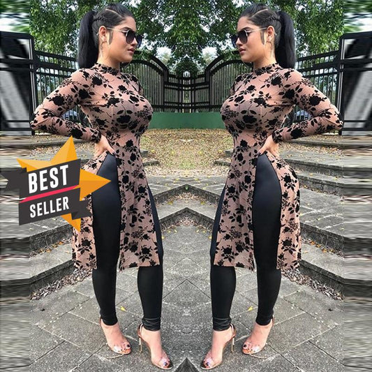 2019 Spring Women Fashion Mesh Print Long Tops High Collar High Split Casual Shirts long sleeve womens shirts roupas feminina