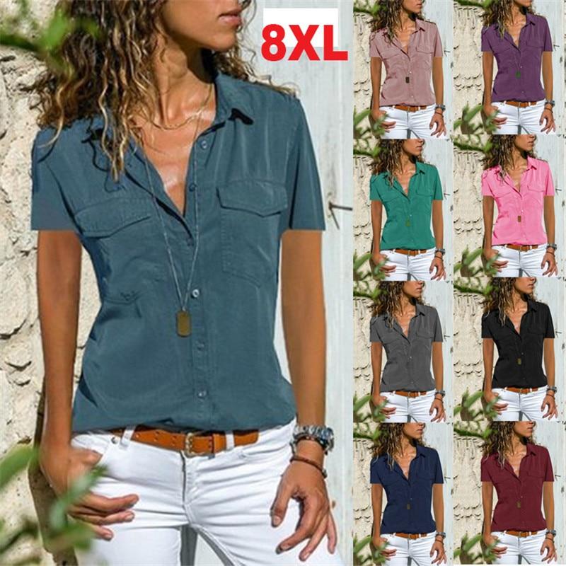 S-8xl large size tops plus size women blouse casual button short sleeve turn-down collar womens loose shirts 2019 summer top