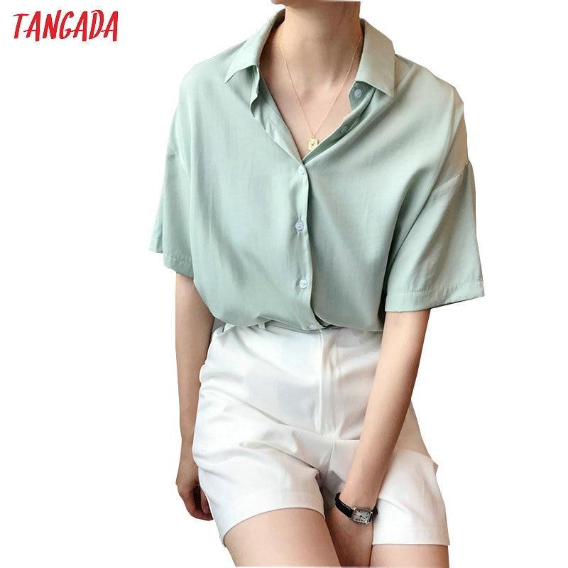 Tangada women summer shirts short sleeve solid elegant office ladies work wear blouses high quality ASF10