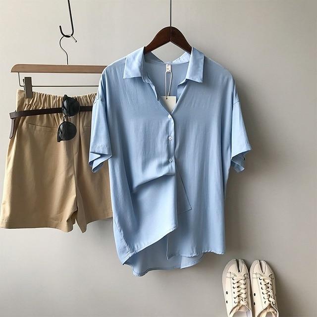 Tangada women summer shirts short sleeve solid elegant office ladies work wear blouses high quality ASF10