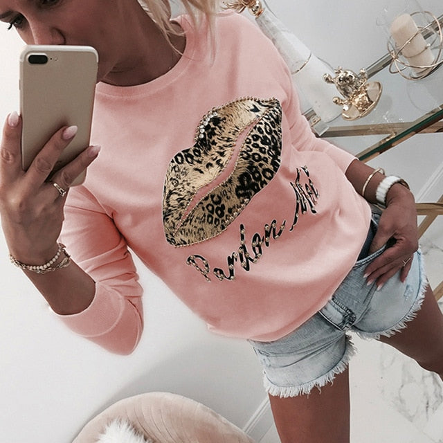 Long Sleeve Women Blouse And Tops Shirt Autumn Lips Letter Printed White Ladies Blouse For Female Tops Shirt O Neck Beading D30