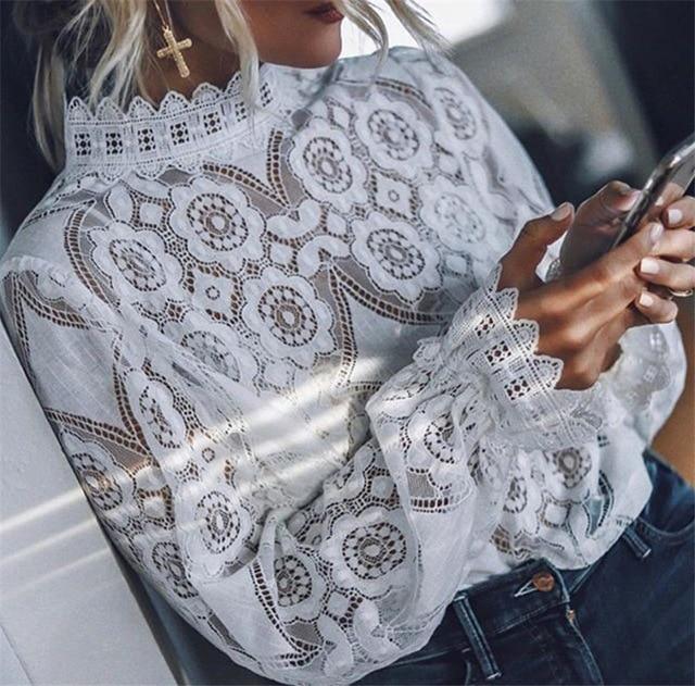 Women Boho Long Sleeve Floral Lace White Tops Blouses Hollow Back Summer Beach Elegant Shirt harajuku femme Clothes Party Tops
