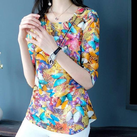 Plus size Tops Chiffon Blouse Women Short sleeve Tunic Summer Butterfly O neck Long Shirt Ladies Clothes Casual
