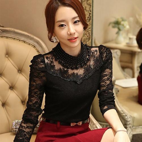 Dingaozlz elegant long sleeve bodysuit beaded Women lace blouse shirts crochet tops blusas Mesh Chiffon blouse female clothing