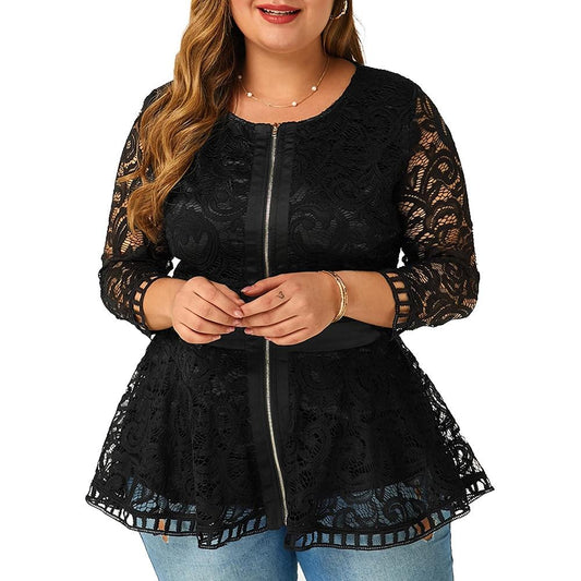 6XL Plus Size Lace Patchwork Blouse Women Spring Loong Sleeve Shirts Hollow Out Laides Tops Elegant Slim Blouses Blusas D30