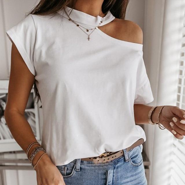 Sexy Off Shoulder Halter Women Shirt Blouse Elegant Off Shoulder Print Shirts Casual Female Summer Short Sleeve Basic Tops Blusa