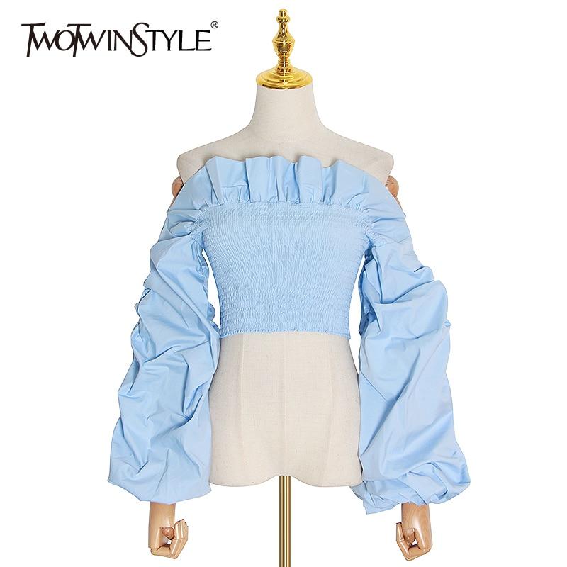 TWOTWINSTYLE Ruched Ruffles Blouses Womens Slash Neck Lantern Long Sleeve Slim Short Shirts For Female Fashion Clothes 2020 Tide