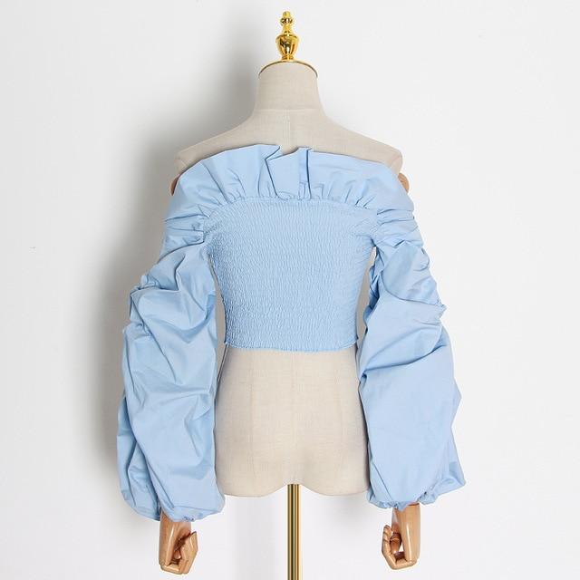 TWOTWINSTYLE Ruched Ruffles Blouses Womens Slash Neck Lantern Long Sleeve Slim Short Shirts For Female Fashion Clothes 2020 Tide