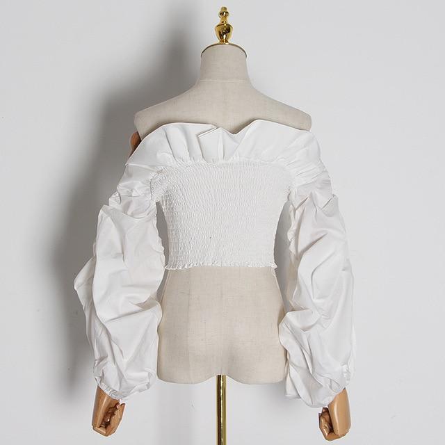 TWOTWINSTYLE Ruched Ruffles Blouses Womens Slash Neck Lantern Long Sleeve Slim Short Shirts For Female Fashion Clothes 2020 Tide