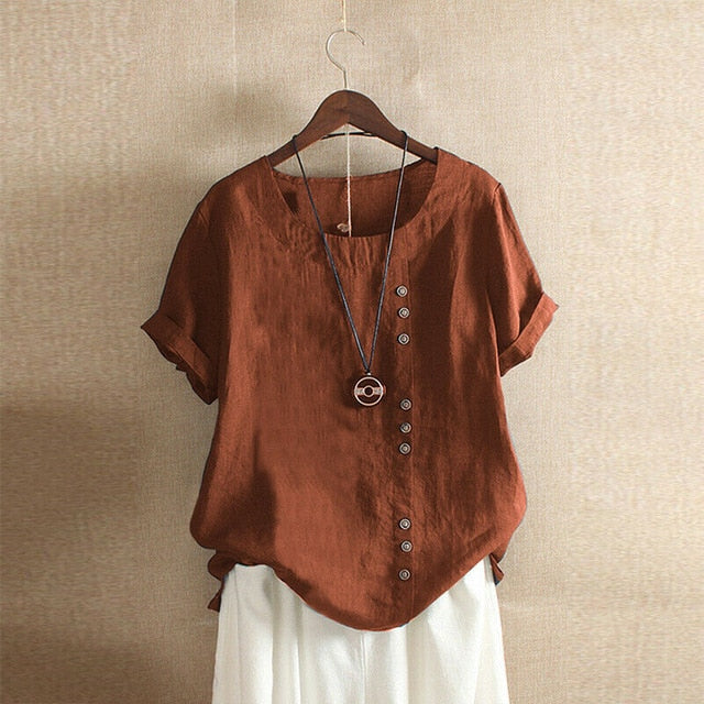 2020 Gothic Summer Women Cotton Linen Baggy Blouse Short Sleeve Loose Elegant Ladies Linen Blouse Shirt Mujer Blusa Plus Size