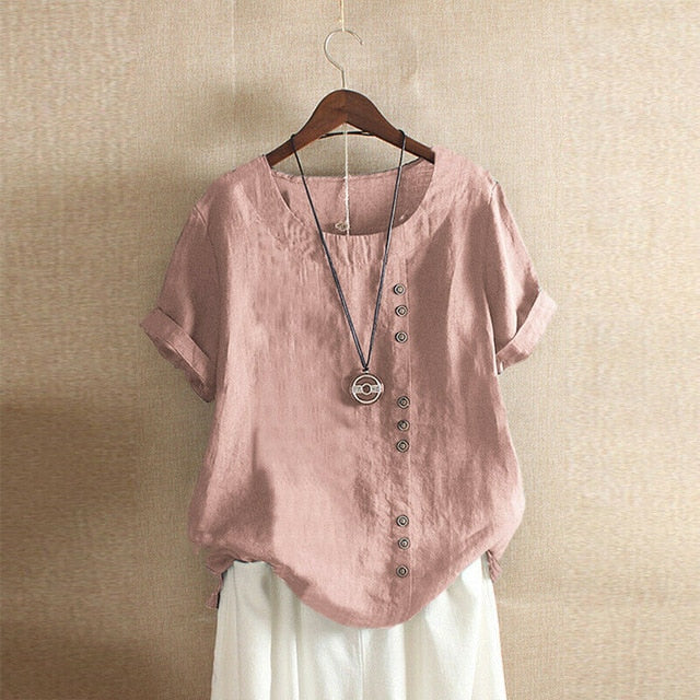 2020 Gothic Summer Women Cotton Linen Baggy Blouse Short Sleeve Loose Elegant Ladies Linen Blouse Shirt Mujer Blusa Plus Size