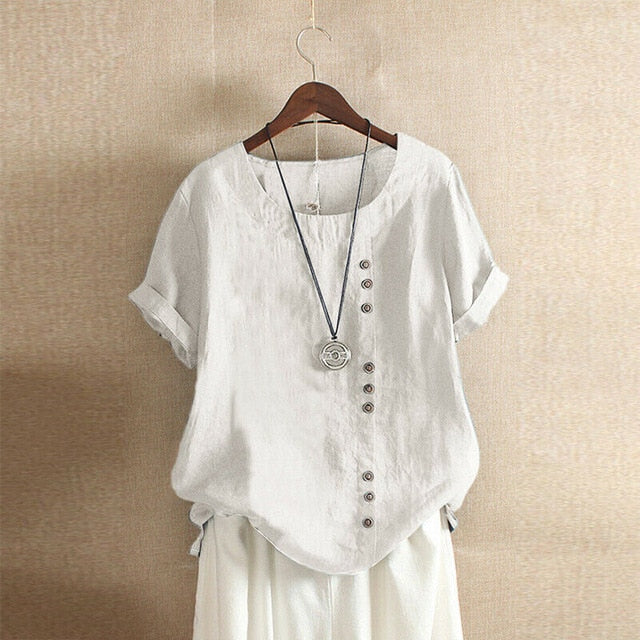 2020 Gothic Summer Women Cotton Linen Baggy Blouse Short Sleeve Loose Elegant Ladies Linen Blouse Shirt Mujer Blusa Plus Size
