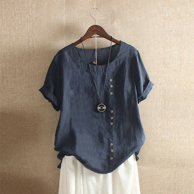 2020 Gothic Summer Women Cotton Linen Baggy Blouse Short Sleeve Loose Elegant Ladies Linen Blouse Shirt Mujer Blusa Plus Size