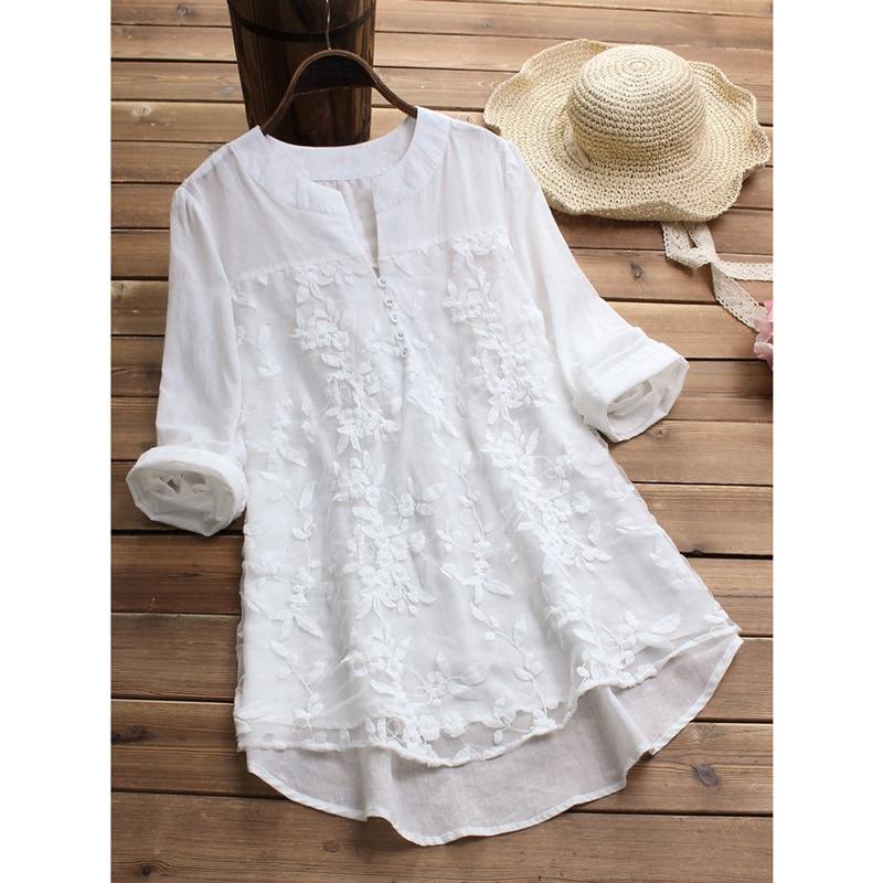 Embroidery Women's White Blouse Casual Plus Size Tops Elegant V-Neck Long Sleeve Tunic Summer Autumn Floral Print Women's Shirt