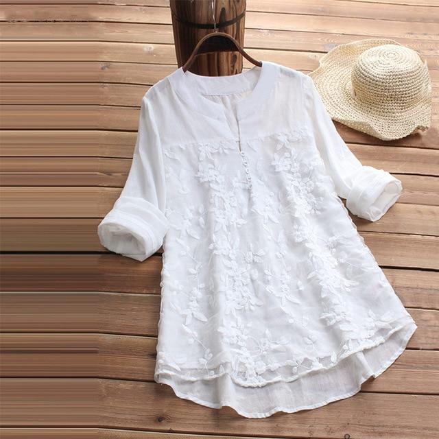 Embroidery Women's White Blouse Casual Plus Size Tops Elegant V-Neck Long Sleeve Tunic Summer Autumn Floral Print Women's Shirt