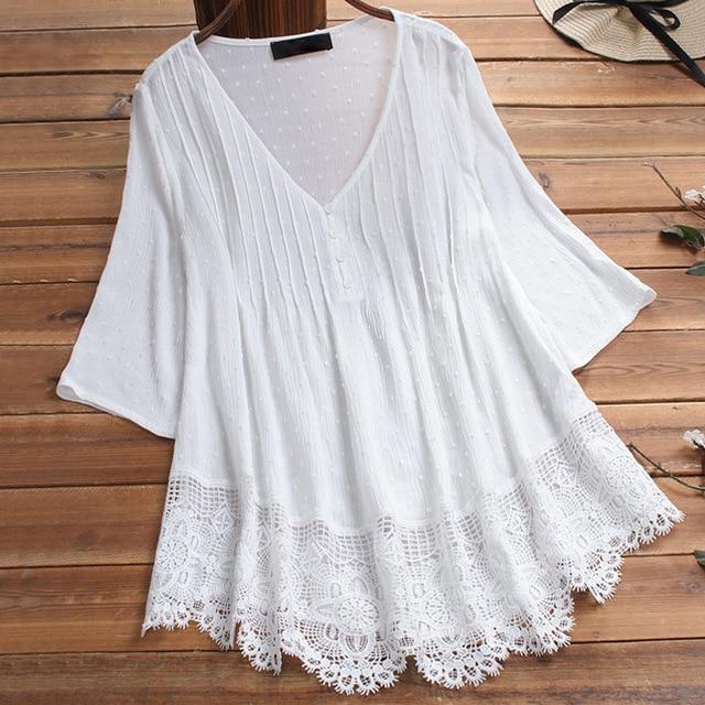 Embroidery Women's White Blouse Casual Plus Size Tops Elegant V-Neck Long Sleeve Tunic Summer Autumn Floral Print Women's Shirt