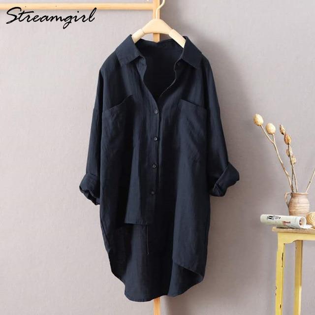 White Linen Shirt Women Long Sleeve Summer Work Wear Linen Blouse Female 5xl Women Blouses Plus Size Women's Shirts With Pocket