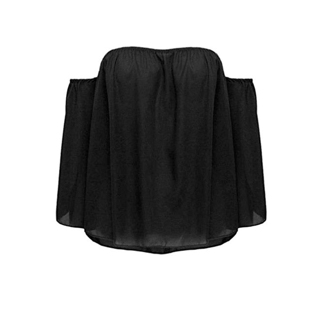 Stylish Women Off Shoulder Casual Blouse Shirt Tops Strapless Pure Color Bell Puff Sleeve Tops