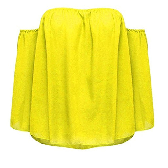 Stylish Women Off Shoulder Casual Blouse Shirt Tops Strapless Pure Color Bell Puff Sleeve Tops