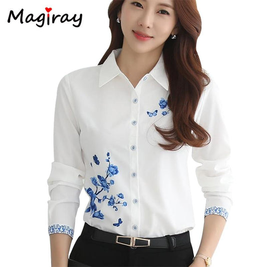 Long Sleeve Blue butterfly Flower Print Blouse Women 2020 Summer fall Top Elegant Work Office Plus Size Shirt White Blouse C181