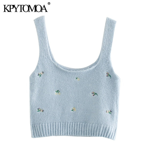 KPYTOMOA Women 2020 Fashion Floral Embroidered Cropped Knitted Blouses Vintage Sleeveless Straps Female Shirts Blusas Chic Tops