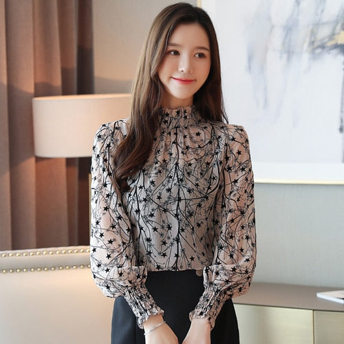 2020 Autumn Fashion Women Chiffon Blouses Casual Stand Collar Floral Women Clothing Long Sleeve Printed shirt Women Tops 6197 50