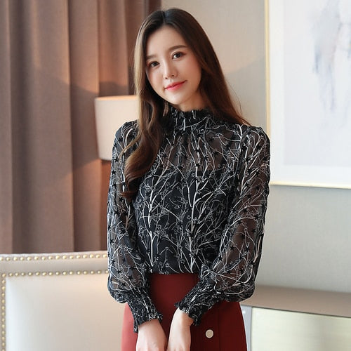 2020 Autumn Fashion Women Chiffon Blouses Casual Stand Collar Floral Women Clothing Long Sleeve Printed shirt Women Tops 6197 50