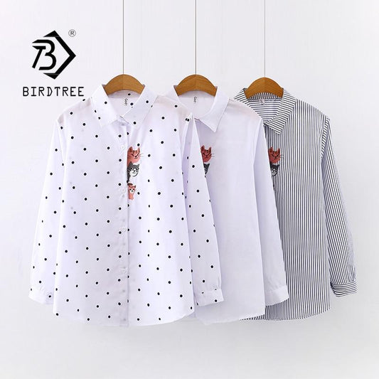 New Arrival Women Cat Embroidery White Shirt Turn-down Collar Long Sleeve Button Up Blouse Cute Girls Top Feminina Blusas T9D401