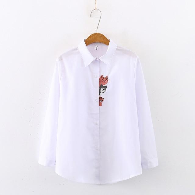 New Arrival Women Cat Embroidery White Shirt Turn-down Collar Long Sleeve Button Up Blouse Cute Girls Top Feminina Blusas T9D401