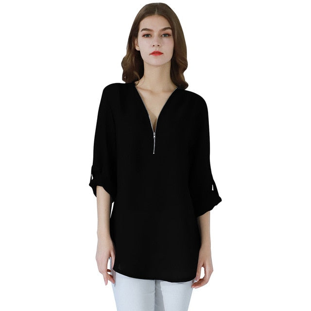 YMING Fashion Ladies Top Zipper Chiffon Top Office Casual Ladies Top Summer Ladies Top Long Sleeve Shirt Solid Color Blusas