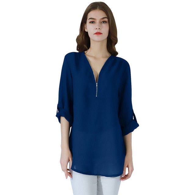 YMING Fashion Ladies Top Zipper Chiffon Top Office Casual Ladies Top Summer Ladies Top Long Sleeve Shirt Solid Color Blusas