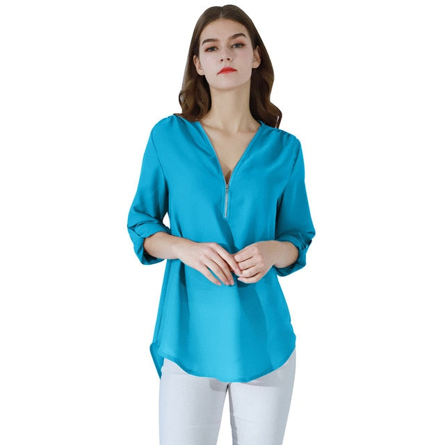 YMING Fashion Ladies Top Zipper Chiffon Top Office Casual Ladies Top Summer Ladies Top Long Sleeve Shirt Solid Color Blusas
