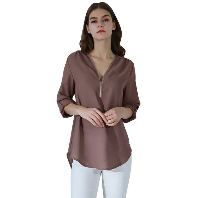 YMING Fashion Ladies Top Zipper Chiffon Top Office Casual Ladies Top Summer Ladies Top Long Sleeve Shirt Solid Color Blusas