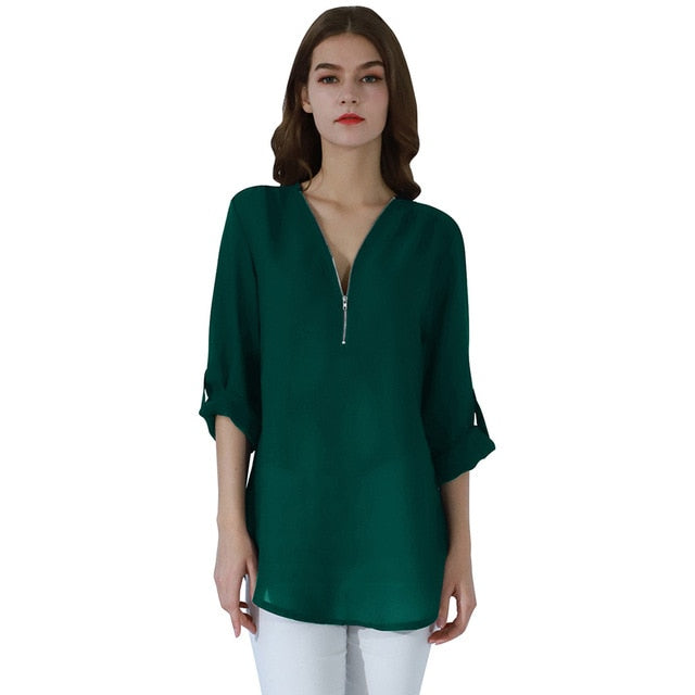 YMING Fashion Ladies Top Zipper Chiffon Top Office Casual Ladies Top Summer Ladies Top Long Sleeve Shirt Solid Color Blusas