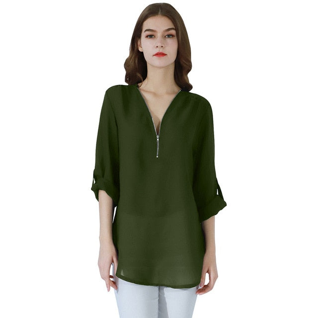 YMING Fashion Ladies Top Zipper Chiffon Top Office Casual Ladies Top Summer Ladies Top Long Sleeve Shirt Solid Color Blusas