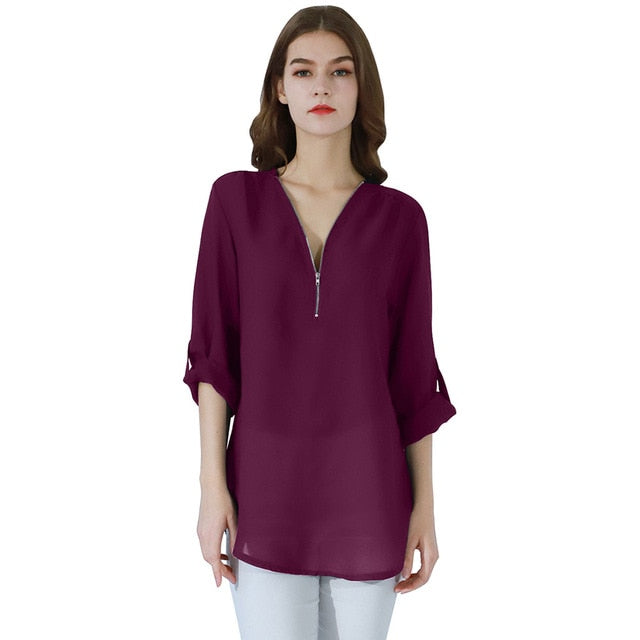 YMING Fashion Ladies Top Zipper Chiffon Top Office Casual Ladies Top Summer Ladies Top Long Sleeve Shirt Solid Color Blusas