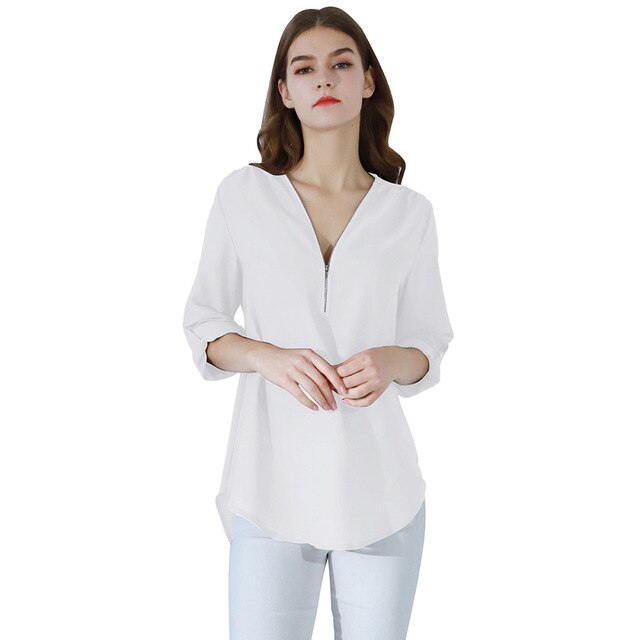 YMING Fashion Ladies Top Zipper Chiffon Top Office Casual Ladies Top Summer Ladies Top Long Sleeve Shirt Solid Color Blusas