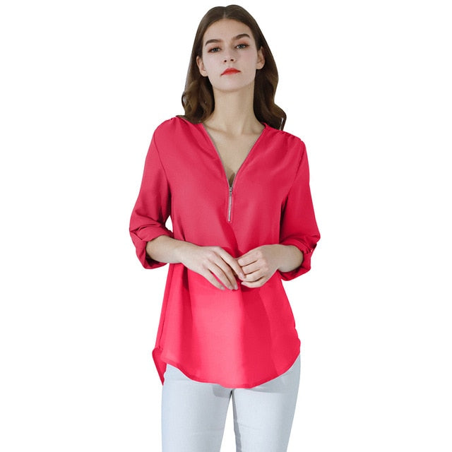 YMING Fashion Ladies Top Zipper Chiffon Top Office Casual Ladies Top Summer Ladies Top Long Sleeve Shirt Solid Color Blusas