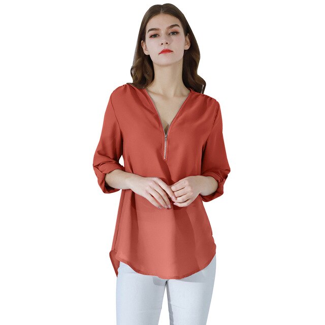 YMING Fashion Ladies Top Zipper Chiffon Top Office Casual Ladies Top Summer Ladies Top Long Sleeve Shirt Solid Color Blusas