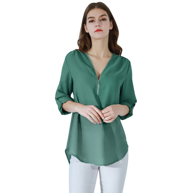 YMING Fashion Ladies Top Zipper Chiffon Top Office Casual Ladies Top Summer Ladies Top Long Sleeve Shirt Solid Color Blusas