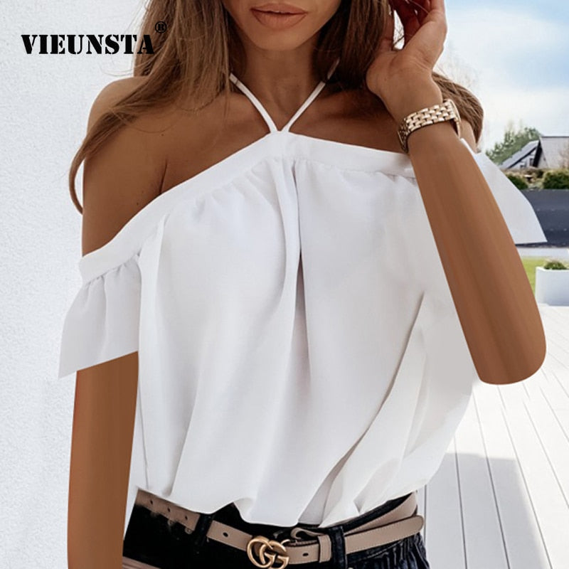 Women 2020 Summer Off Shoulder Halter Blouse Shirts Sexy Backless Solid Color Tops Ladies Elegant Short Sleeve Shirt Blusas 3XL